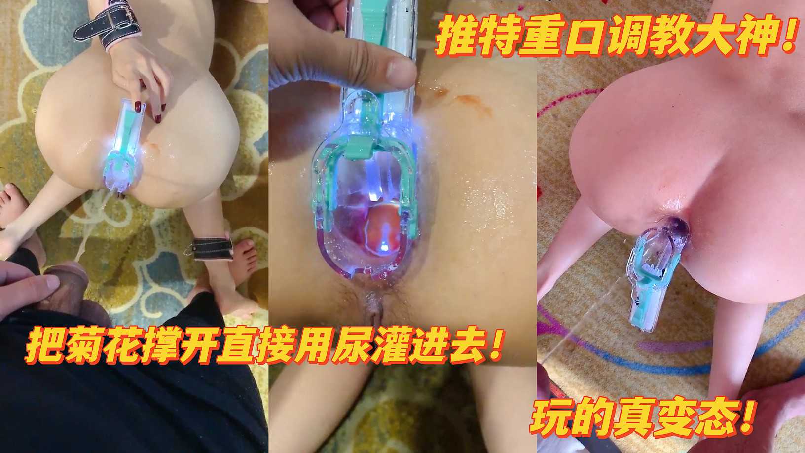重口调教！让女奴跪地撑开菊花直接对准放尿，还往里倒香瓜子，最后充气肛塞扩肛！玩的真狠！1